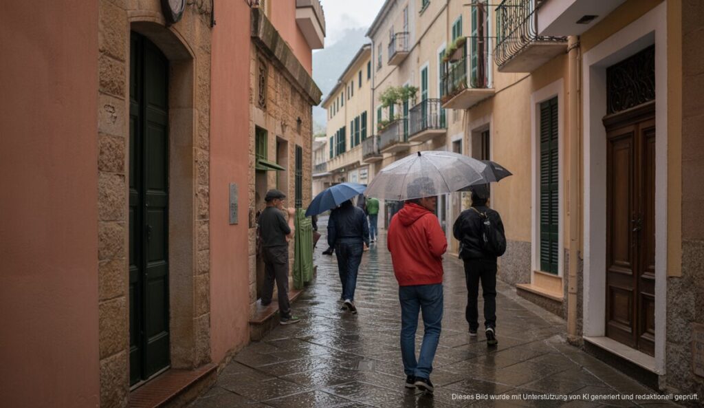 Regnerisches Wetter in Sóller mit nassen Straßen und Einwohnern.