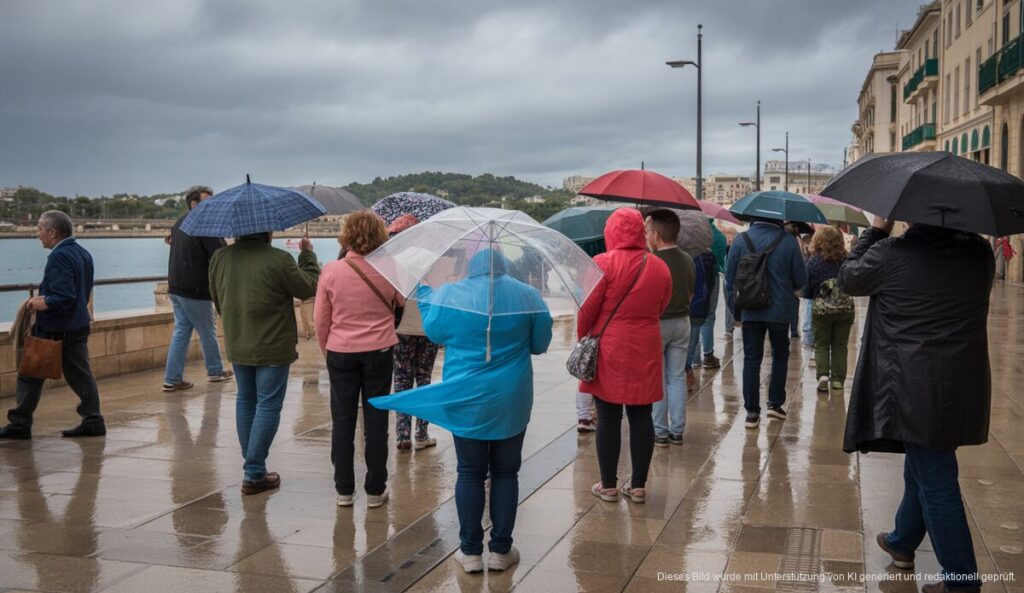 Verregneter Dezembertag auf Mallorca mit milden Temperaturen Regnerisches Winterwetter auf Mallorca mit Menschen in Regenkleidung.