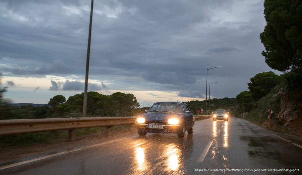 Straße auf Mallorca bei Hagelschauern mit Autos im Regen